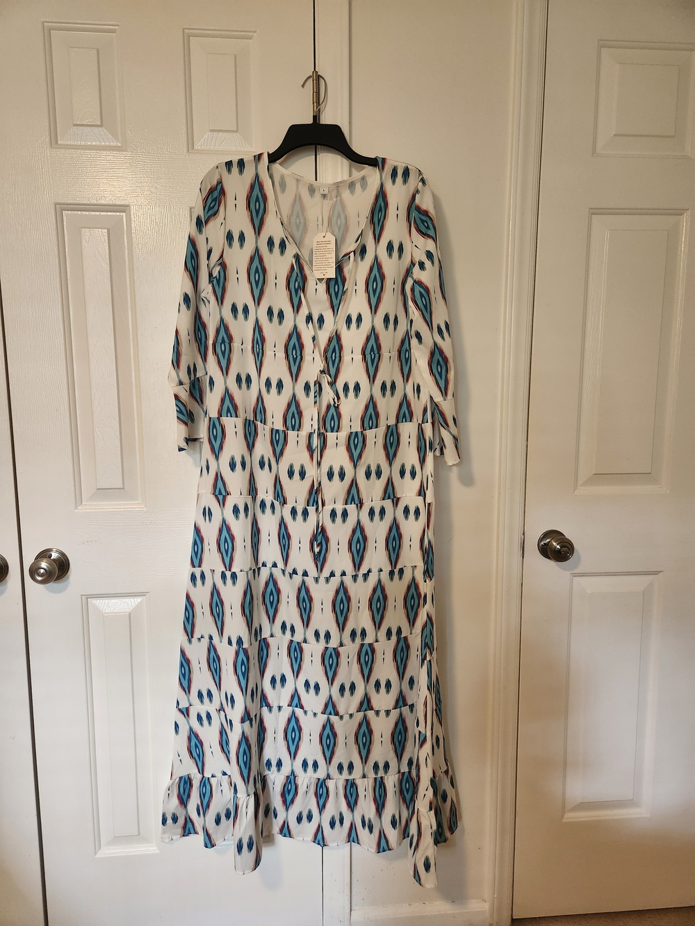 White Maxi Dress with Blue Teal Ikat Print